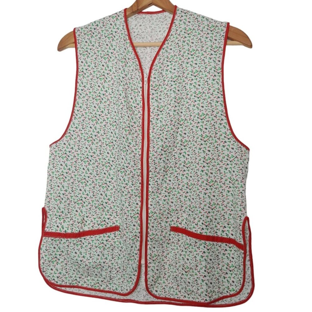 Homemade Christmas Apron Smock Shirt Holly Berry Full Zip Pockets Cook Baking